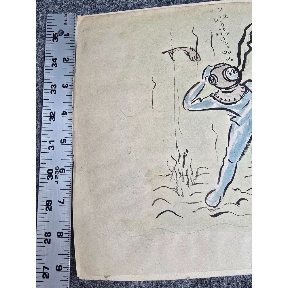 Vintage Hand-Drawn Diver & Octopus Illustration On Board George J Hough - Picture 3 of 8